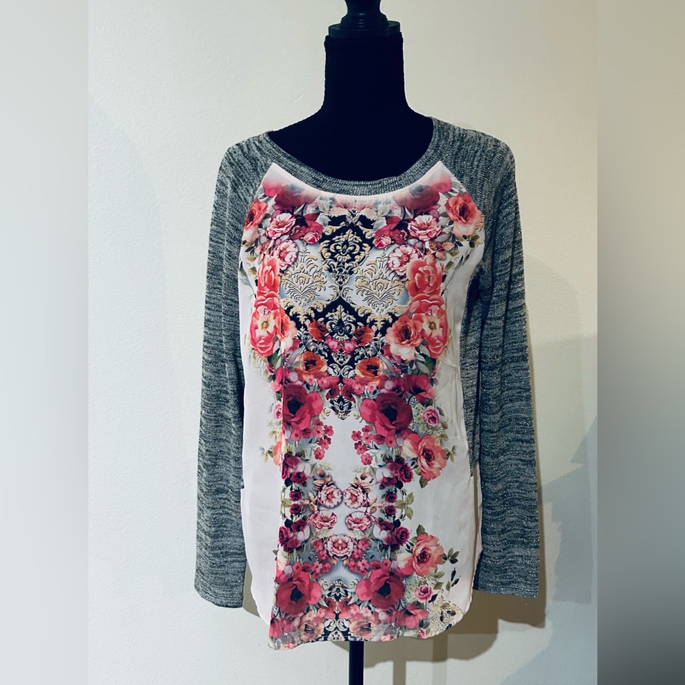 Style & Co. Floral Raglan Long Sleeve Top - Pink, Gray, White